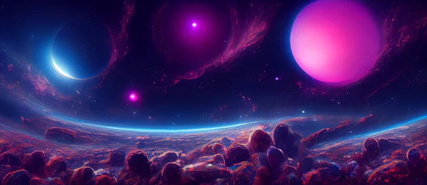 Violet, pink, blue and cyan universe. Nebula and stars in the galaxy landscape. 3D rendering