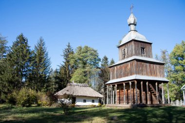 Ortodoks kilisesi, uzun otlar, sazlıklar ve uzaktaki ağaçların etrafındaki bir adanın kiremitli çatısının altında açık..
