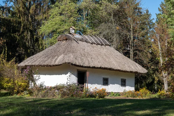 Ukrayna 'nın otantik evi. Eski otantik ahşap tipik bir ev. Geleneksel Ukrayna köyünün mimarisi