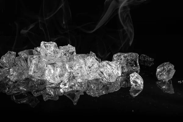 Ice Cubes Filling Smoke Dark Background — Stock Photo, Image