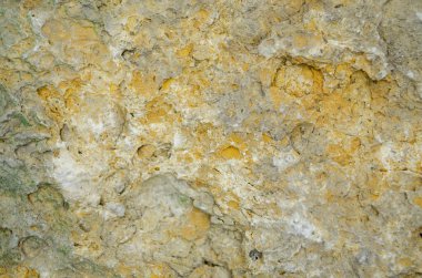 Kenarlarında yeşil yosun olan eski sarı kireç taşından duvar.