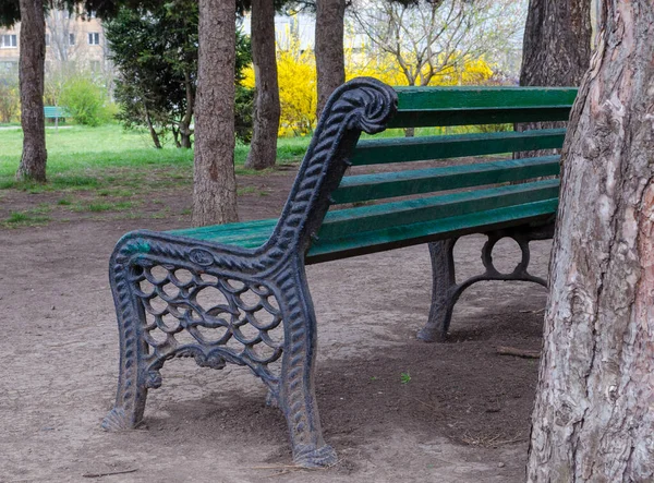 Şehir parkında dinlenmek için ağaçların arasına demir elementlerle dolu yeşil ahşap bir bank.