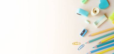 Şeftali arka planda çeşitli okul malzemeleri, düz yatış. Metin için yer.