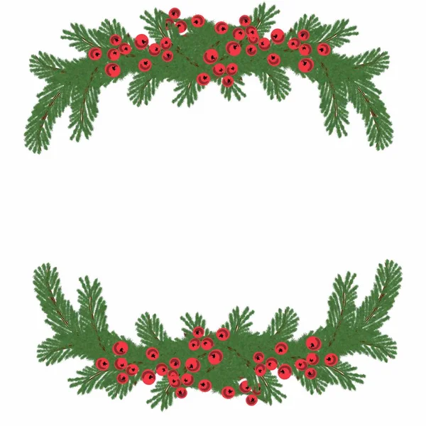 Tannenzweig Tannenzweig Immergrüner Baum Rote Beeren Weihnachtskranz Tannenzweige Mit Roten — Stockfoto