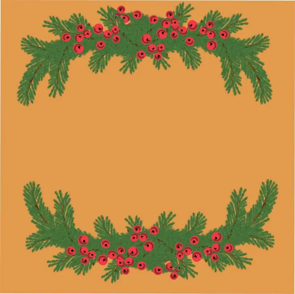 Tannenzweig Tannenzweig Immergrüner Baum Rote Beeren Weihnachtskranz Tannenzweige Mit Roten — Stockfoto