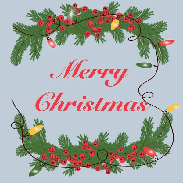 Köknar dalı, Noel ağacı dalı, her zaman yeşil ağaç, kırmızı çilek, Noel çelengi, kırmızı böğürtlenli Noel köknar dalları, ışıldayan çelenkler, parıldayan, yeşil, kırmızı, sarı, mavi, gri, bej arka plan, mavi, yeni yıl için tebrikler