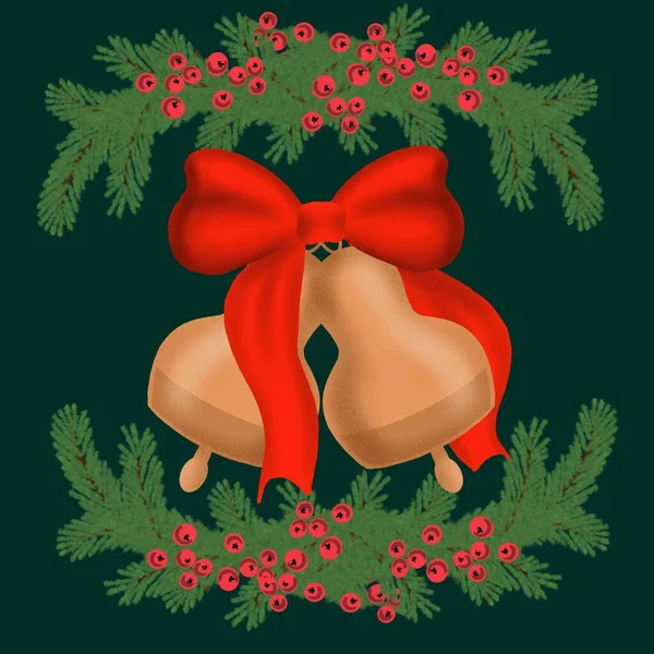 Weihnachtskranz Clipart Digitaler Winter Weihnachtsbaum Und Rote Beeren Weihnachtsglocken Mit — Stockfoto