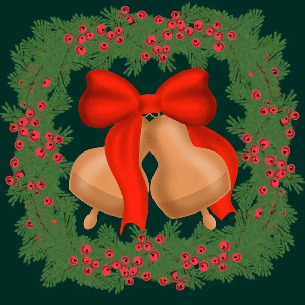 Weihnachtskranz Clip Digitaler Winterweihnachtsbaum Und Berries Weihnachtsglocken Mit Roter Schleife — Stockfoto