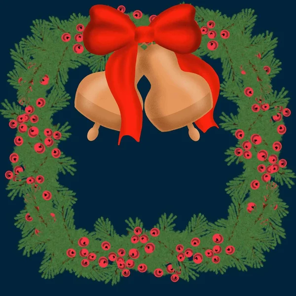 Weihnachtskranz Clip Digitaler Winterweihnachtsbaum Und Berries Weihnachtsglocken Mit Roter Schleife — Stockfoto