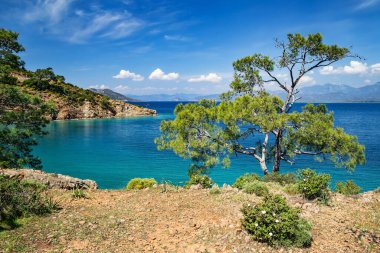 Dağ yolundaki denizin resimli manzarası. Fethiye, Mugla ili, Türkiye.