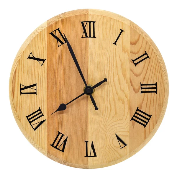 Analog Wooden Clock Roman Numerals Isolated White Background Stockfoto