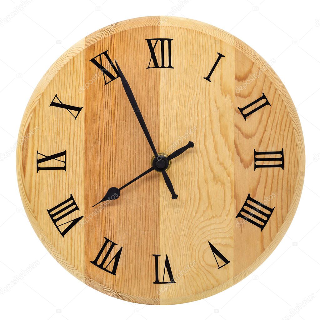 Analog round wooden clock with Roman numerals isolated on white background.