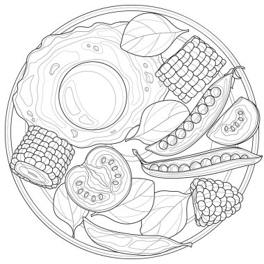 Kahvaltıda. Mısır, bezelye ve domatesli yumurta. Çocuklar ve yetişkinler için boyama kitabı antistresi. Zen-karmaşası tarzı. Siyah-beyaz çizim. El çekme.