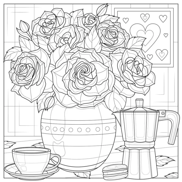 カップ付きのバラとコーヒーメーカーの花束 子供や大人のための着色本のストレス 白地に隔離されたイラスト 手描き — ストックベクタ