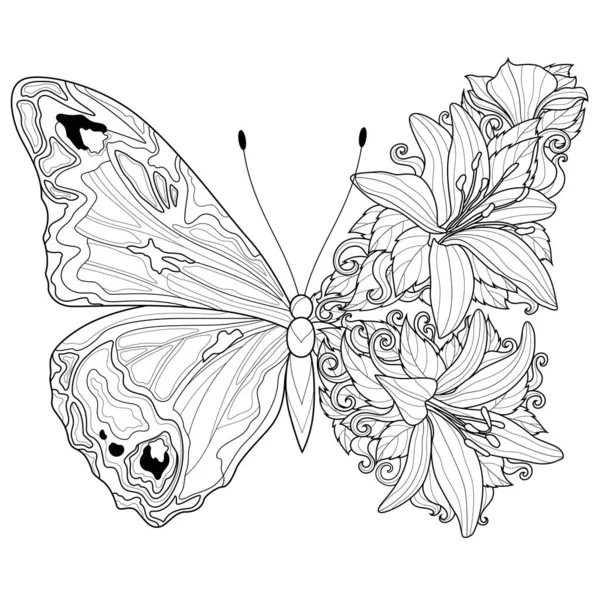 蝴蝶带着花 为儿童和成人设计彩色的书籍 在白色背景上孤立的说明 Zen Tangle风格 黑白画 — 图库矢量图片