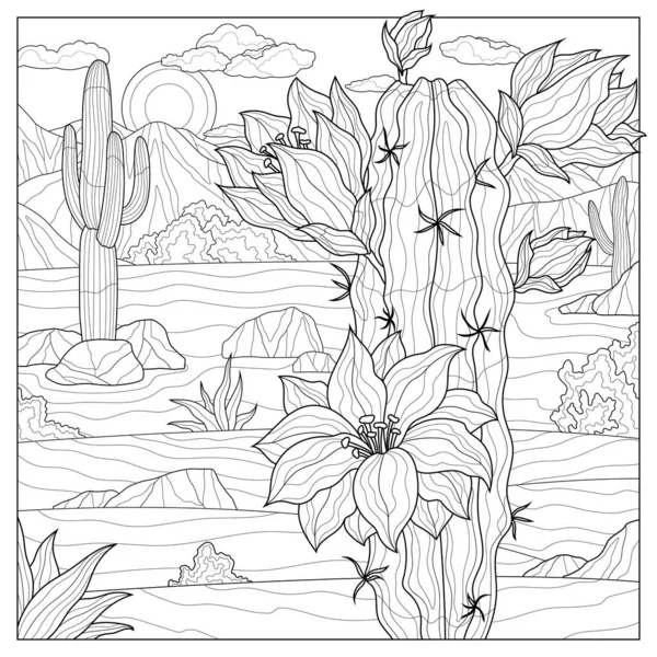 Cactus Fiore Nel Deserto Libro Colorare Antistress Bambini Adulti Stile — Vettoriale Stock