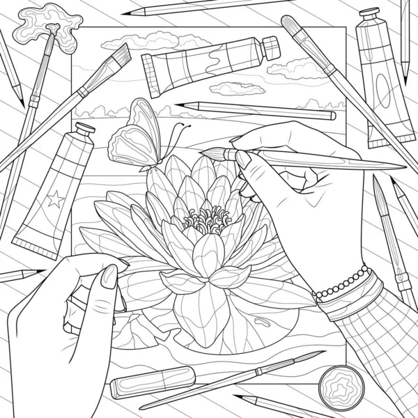 Desenho Lotus Colorir Livro Stress Para Crianças Adultos Ilustração Isolada — Vetor de Stock