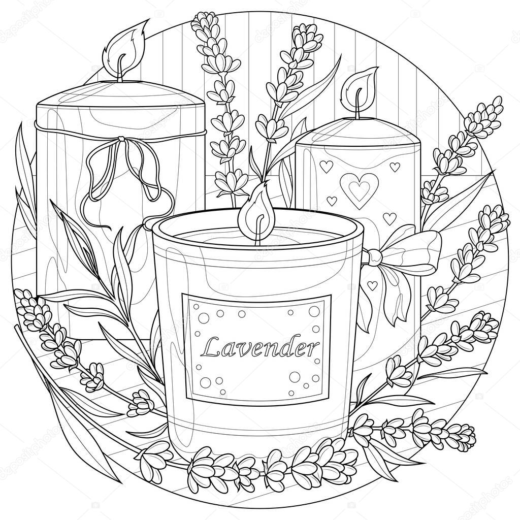 Candles with lavender.Coloring book antistress for children and adults. Illustration isolated on white background.Zen-tangle style. Black and white illustration.Hand draw
