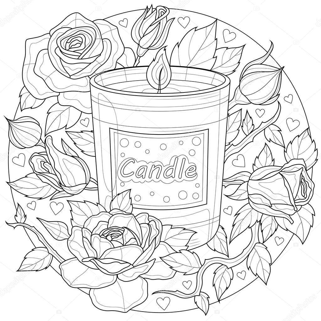 Candle with roses.Coloring book antistress for children and adults. Illustration isolated on white background.Zen-tangle style. Black and white illustration.Hand draw