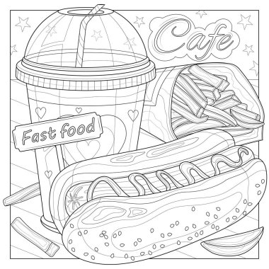 Hotdog, limonata ve patates kızartması. Fast Food.Çocuklar ve yetişkinler için kitap boyama stresi. Resimler beyaz arka planda izole edildi. Zen-karmaşası tarzı. Siyah beyaz çizim. El çizimi.