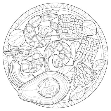 Karides, mısır ve avokado. Çocuklar ve yetişkinler için boyama kitabı antistresi. Resimler beyaz arka planda izole edildi. Zen-karmaşası tarzı. Siyah beyaz çizim. El çizimi.