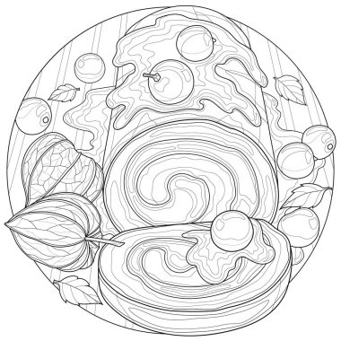 Fiziki tedaviyle tatlı rulo. Çocuklar ve yetişkinler için boyama kitabı antistresi. Zen-karmaşası tarzı. Siyah-beyaz çizim. El çekme.