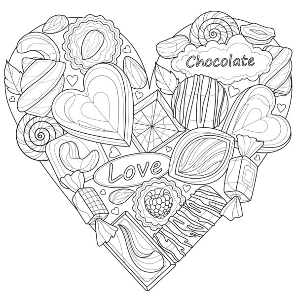 Kalp Şeklinde Çikolatalar Şeker Çocuklar Yetişkinler Için Boyama Kitabı Resimler — Stok Vektör