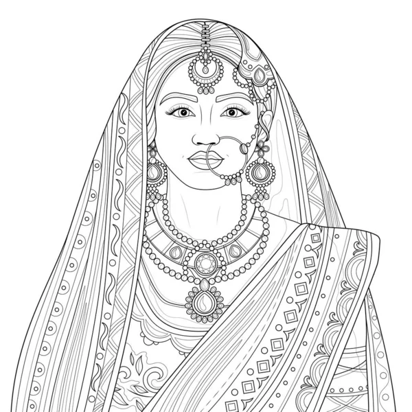 Menina Indiana Sari Coloring Casamento Livro Antistress Para Crianças Adultos —  Vetores de Stock