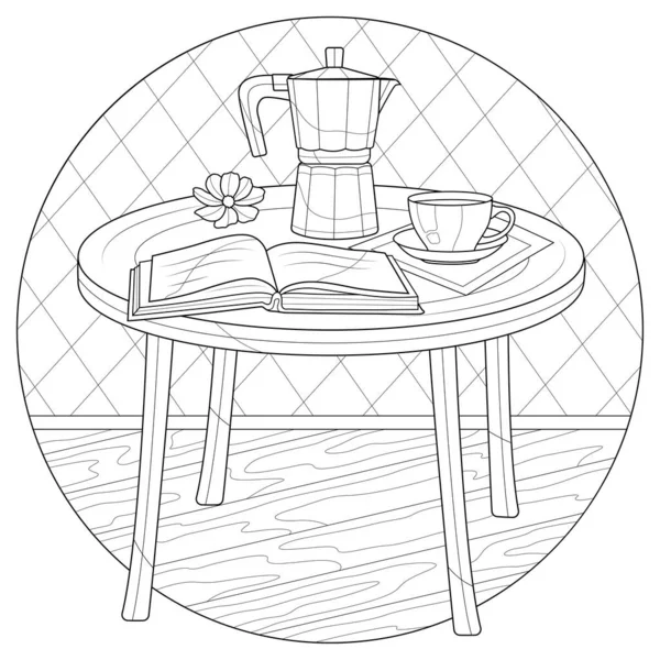 コーヒーメーカー コーヒーカップ テーブルの上の本 子供や大人のための着色本のストレス 白地に隔離されたイラスト 手描き — ストックベクタ