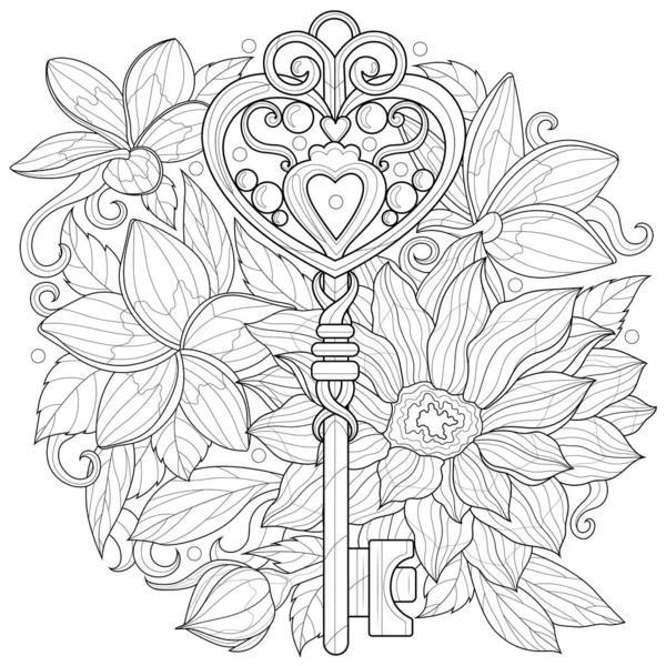 Llave Entre Flores Libro Para Colorear Antiestrés Para Niños Adultos — Vector de stock