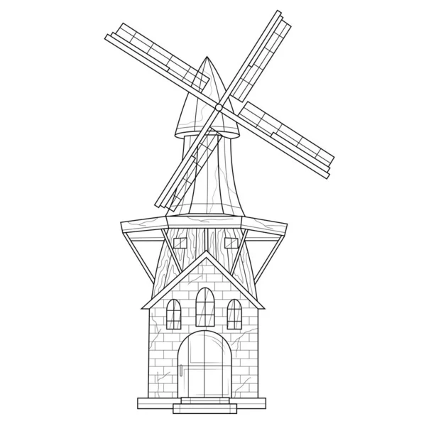 Mill Coloring Bok Antistress För Barn Och Vuxna Illustration Isolerad — Stock vektor