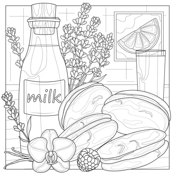 Mleko Ciasteczka Kolorowanka Antystresowe Dla Dzieci Dorosłych Ilustracja Izolowana Białym — Wektor stockowy