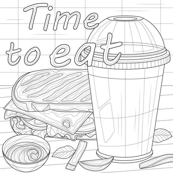 Sandwich Lemonade Fast Food Coloring Book Antistress Children Adults Illustration — Stock Vector