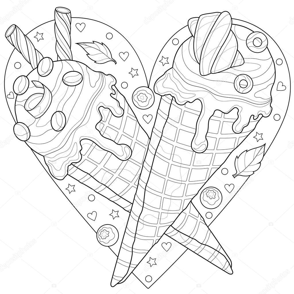 Ice cream cone in the shape of a heart.Coloring book antistress for children and adults. Illustration isolated on white background.Zen-tangle style. Hand draw