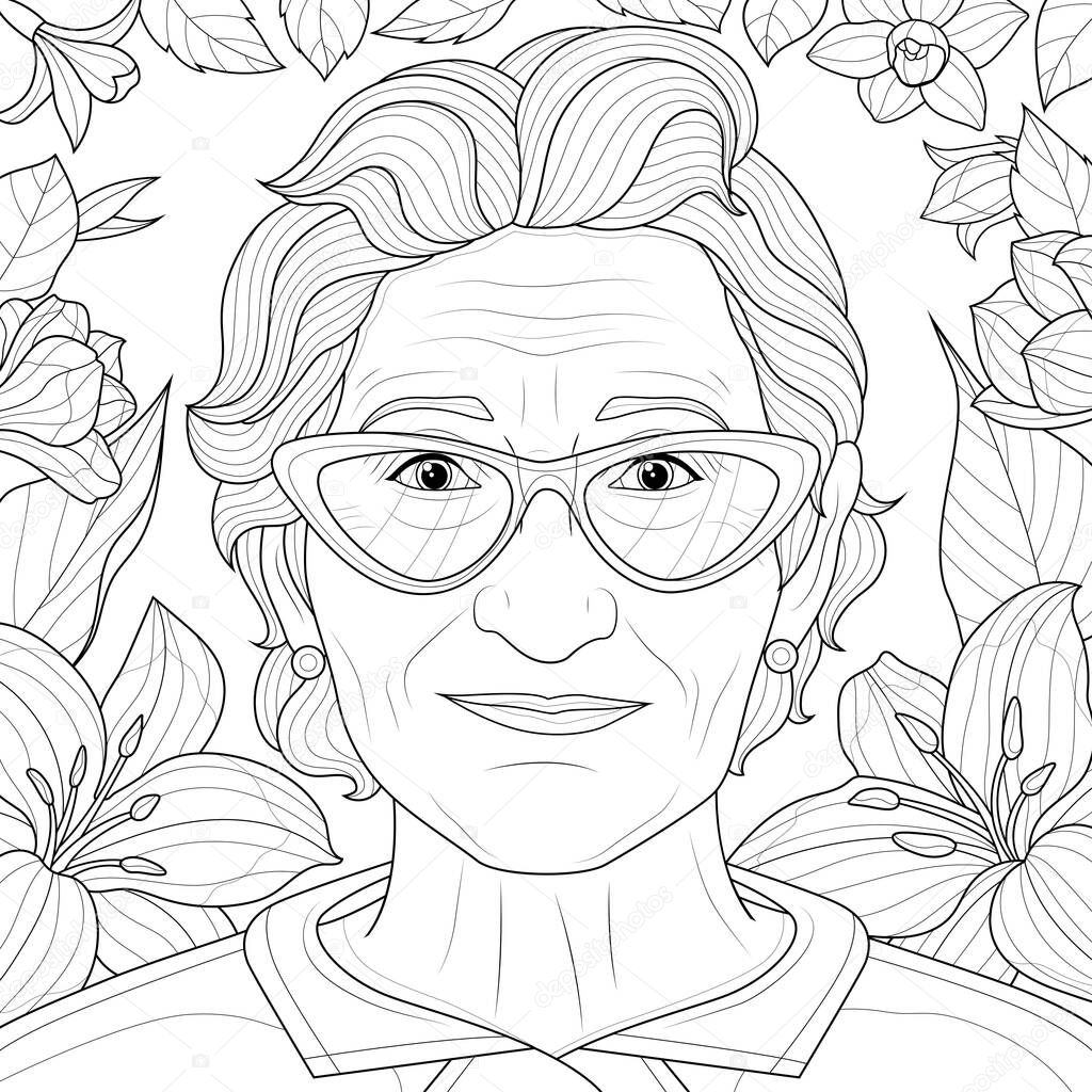 Old woman with glasses among flowers.Coloring book antistress for children and adults. Illustration isolated on white background.Zen-tangle style. Hand draw