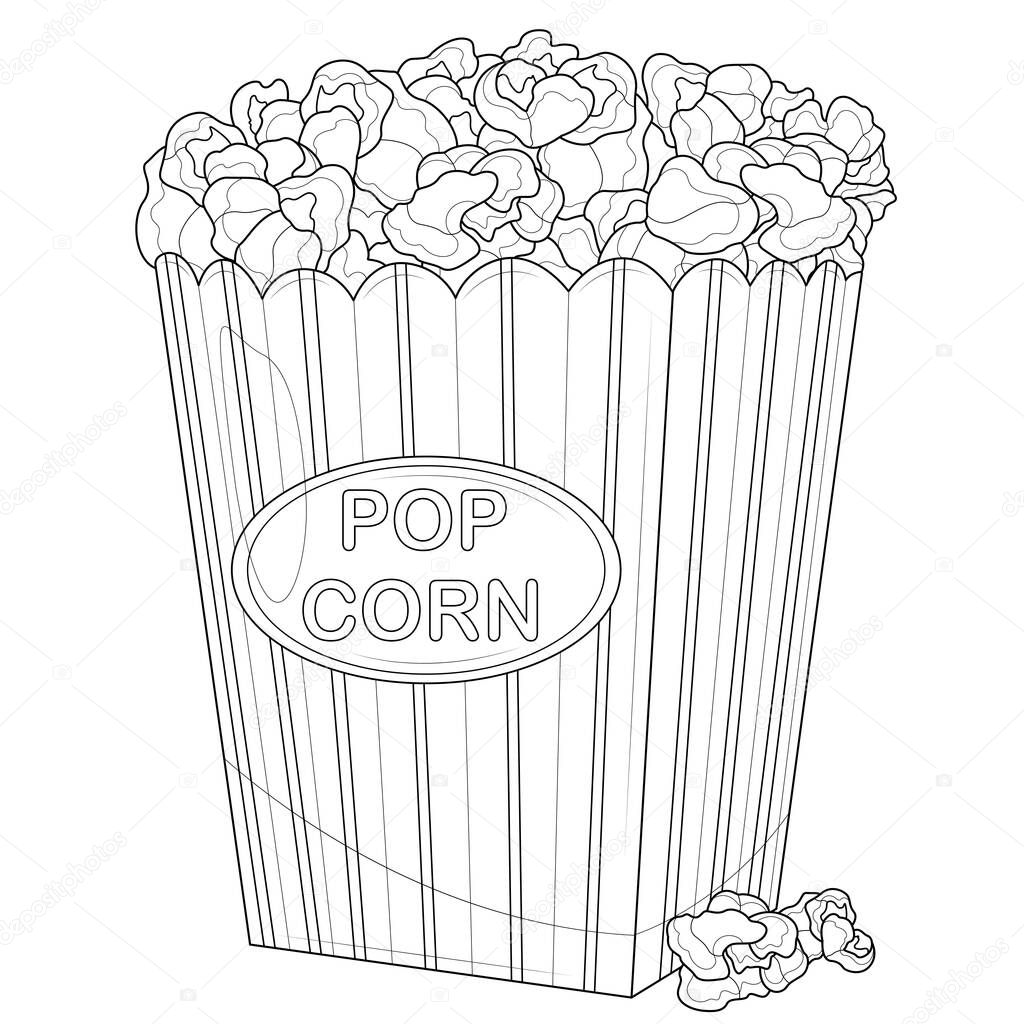 Popcorn in a box.Coloring book antistress for children and adults. Illustration isolated on white background.Zen-tangle style. Hand draw