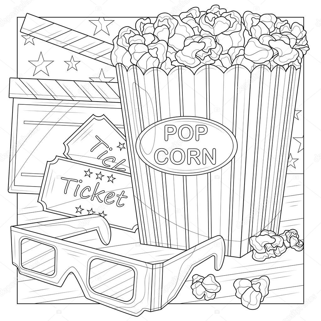 Popcorn with glasses and cinema tickets.Coloring book antistress for children and adults. Illustration isolated on white background.Zen-tangle style. Hand draw