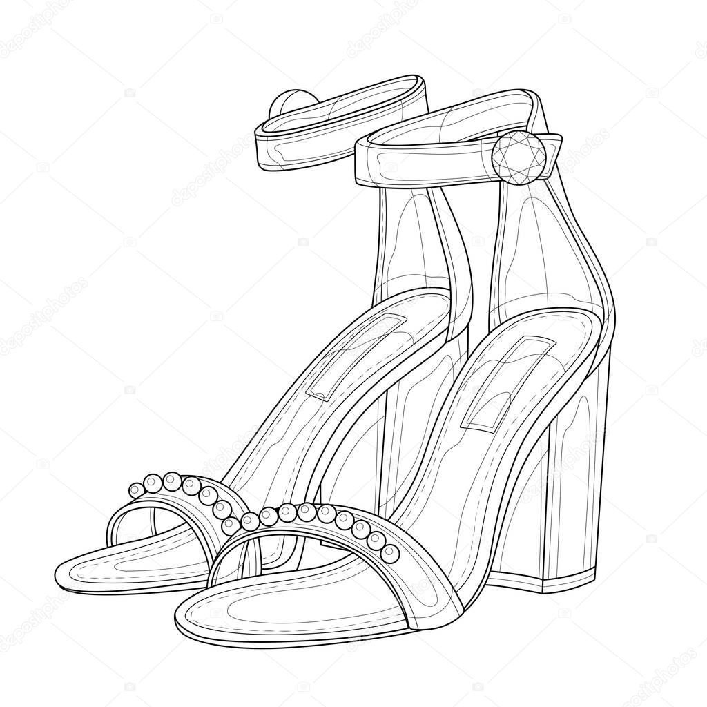 Womens shoes.Coloring book antistress for children and adults. Illustration isolated on white background.Zen-tangle style. Black and white drawing.Hand drawn