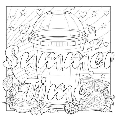 Meyveli limonata zamanı. Çocuklar ve yetişkinler için boyama kitabı antistresi. Resimler beyaz arka planda izole edildi. Zen-karmaşası tarzı. El çizimi