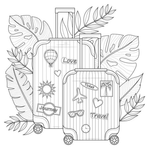 Koffer Mit Tropischen Blättern Und Aufklebern Malbuch Antistress Für Kinder — Stockvektor