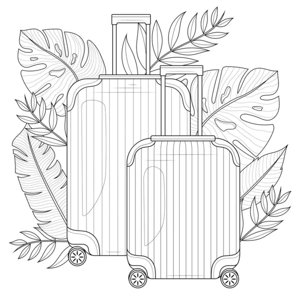 Suitcase Tropical Leaves Coloring Book Antistress Children Adults Illustration Isolated — Stock Vector