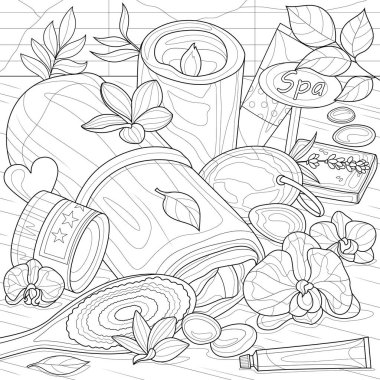 Spa işlemleri için aksesuarlar. Çocuklar ve yetişkinler için boyama kitabı antistresi. Resimler beyaz arkaplanda izole edildi. Zen-karmaşası tarzı. El çizimi