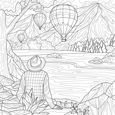 Turist dağlardaki balonlara bakar. Çocuklar ve yetişkinler için boyama kitabı stresi azaltır. Resimler beyaz arka planda izole edildi. Zen-karmaşası tarzı. El çizimi