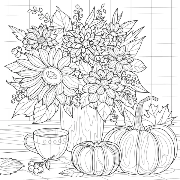 Autumn Bouquet Flowers Pumpkins Tea Coloring Book Antistress Children Adults — Stock Vector