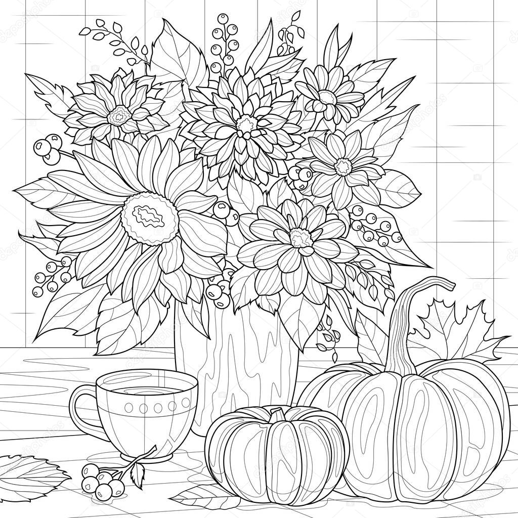 Autumn bouquet of flowers, pumpkins and tea.Coloring book antistress for children and adults. Illustration isolated on white background.Zen-tangle style. Hand draw