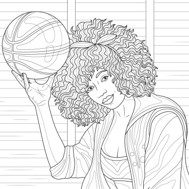 Elinde top olan siyah basketbolcu. Çocuklar ve yetişkinler için boyama kitabı antistresi. Resimler beyaz arka planda izole edildi. Zen-karmaşası tarzı. El çizimi