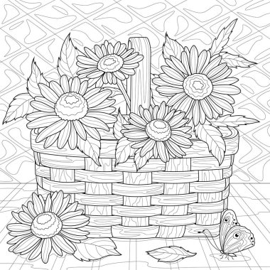 Papatyalı sepet. Çiçekler. Çocuklar ve yetişkinler için boyama kitabı antistresi. Resimler beyaz arka planda izole edildi. Zen-karmaşası tarzı. El çizimi