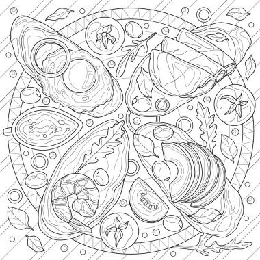 Yumurtalı, karidesli, sebzeli, bitkisel. Çocuklar ve yetişkinler için boyama kitabı antistresi. Resimler beyaz arka planda izole edildi. Zen-karmaşası tarzı. El çizimi