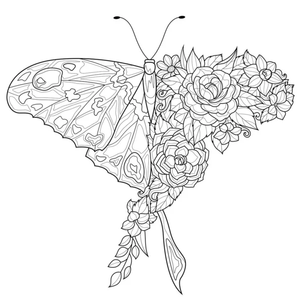 蝴蝶和花朵各占一半 为儿童和成人的书籍配色 在白色背景上孤立的示例 Zen Tangle样式 黑白抽屉 — 图库矢量图片