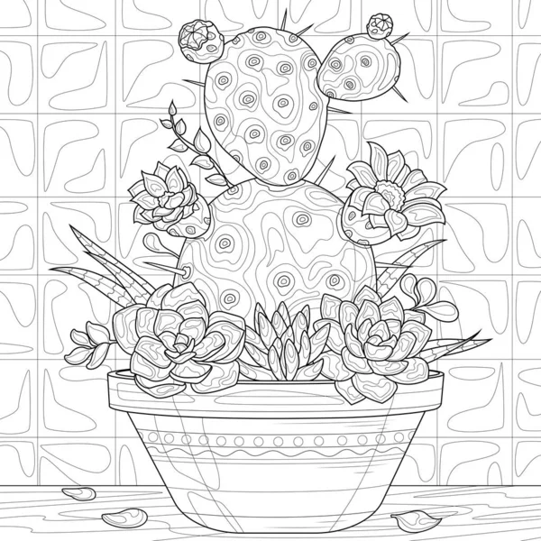 花の鍋でサボテンや多肉植物 子供や大人のための着色本の抗ストレス 白地に隔離されたイラスト 手描き — ストックベクタ